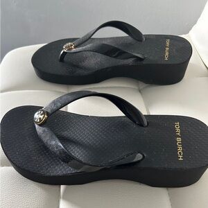 Tory Burch Black Wedged Flip Flops Sz. 6